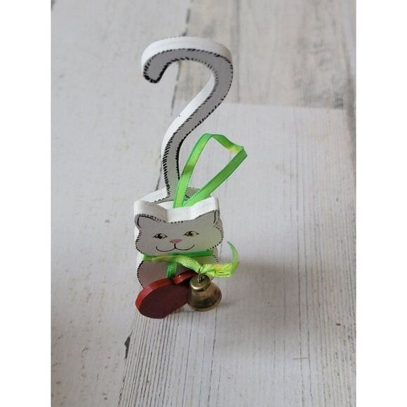 Kurt adler 1991 white cat bell heart wooden ornament Xmas decor - Picture 1 of 6